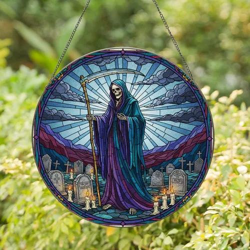 Grim Reaper Scythe Tombstones Dark Robes Graveyard Radiating Sky Art Nouveau Home Decor Gift Stained Glass Suncatcher
