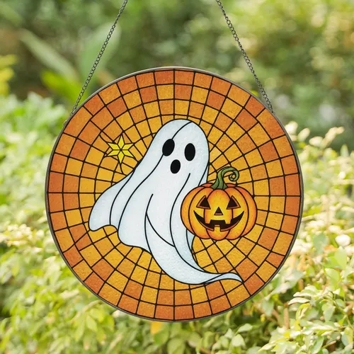 Spectral Ghost Smiling Jack-o'-lantern Five-pointed Star Halloween Decor Gift Stained Glass Suncatcher