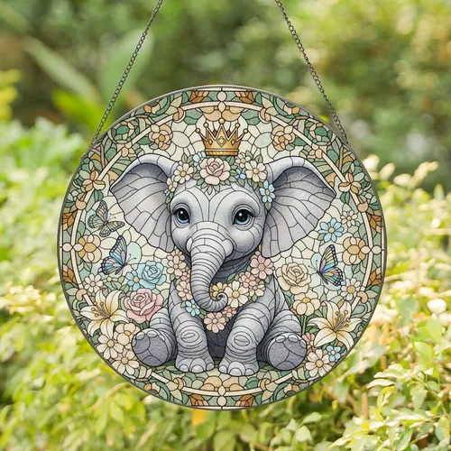 Baby Elephant Crown Pastel Floral Butterflies Mosaic - Home Decor Gift Stained Glass Suncatcher