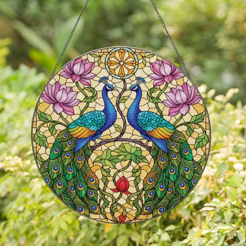 Peacocks Lotus Flowers Medallion - Home Decor Gift for Wildlife Lovers Stained Glass Suncatcher
