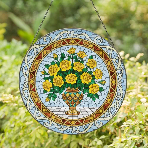 Yellow Roses Bouquet Stained Glass Vase Ornate Border - Home Decor Gift Stained Glass Suncatcher