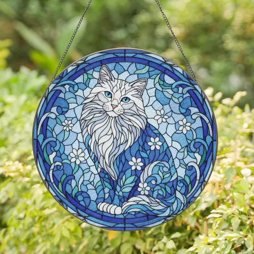 Fluffy Blue Eyed Cat Stained Glass Floral Mosaic Home Decor Gift for Cat Lover Stained Glass Suncatcher