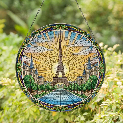 Paris Eiffel Tower Avenue Rising Sun Floral Border - Home Decor Gift Stained Glass Suncatcher