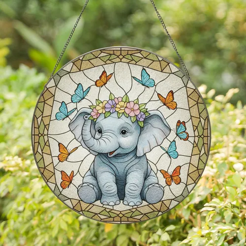 Baby Elephant Floral Crown Butterflies - Home Decor Gift for Elephant Lovers Stained Glass Suncatcher