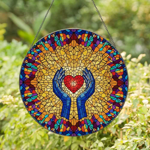 Cupped Hands Red Heart Edge-to-Edge Mosaic - Home Decor Gift for Couple, Valentine's Day Present Stained Glass Suncatcher