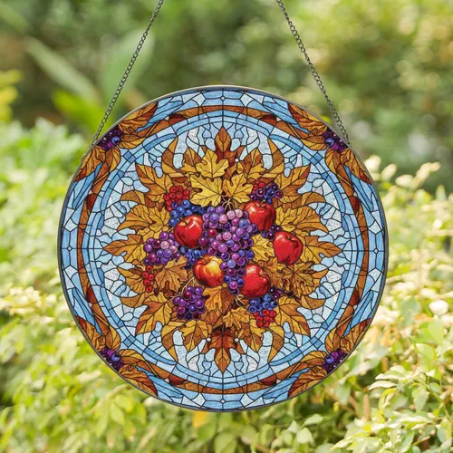 Ripe Grapes Apples Berries Autumn Leaves Fruit Cluster - Kitchen Window Decor Gift Stained Glass Suncatcher