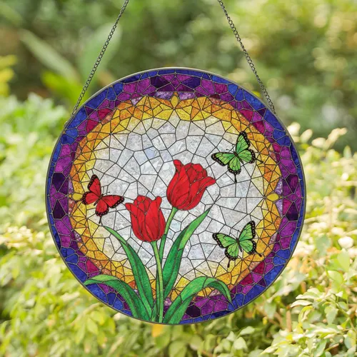Red Tulips Green Butterflies Jewel Toned Floral - Home Decor Gift for Garden Lover Stained Glass Suncatcher
