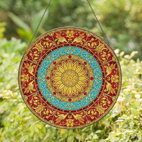 Radiating Golden Sun Ruby Red Circles Floral Birds - Home Decor Gift for Sun Lovers Stained Glass Suncatcher
