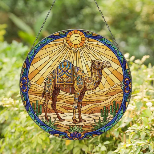 Two-Humped Camel Desert Flora Sunburst - Home Decor Gift for Camel Lovers Stained Glass Suncatcher