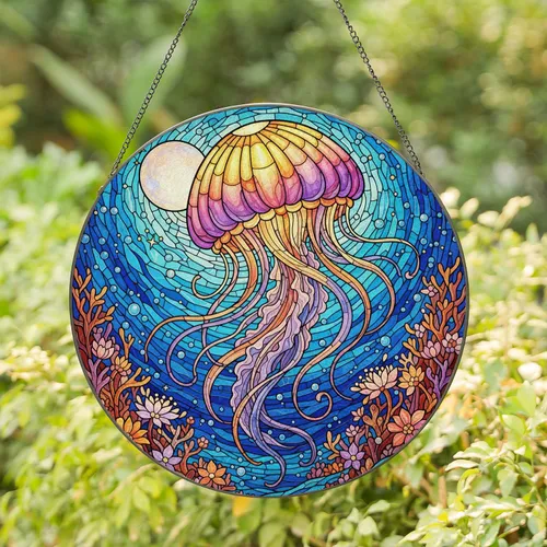 Vibrant Jellyfish Deep Ocean Scene - Home Decor Gift for Ocean Lover Stained Glass Suncatcher