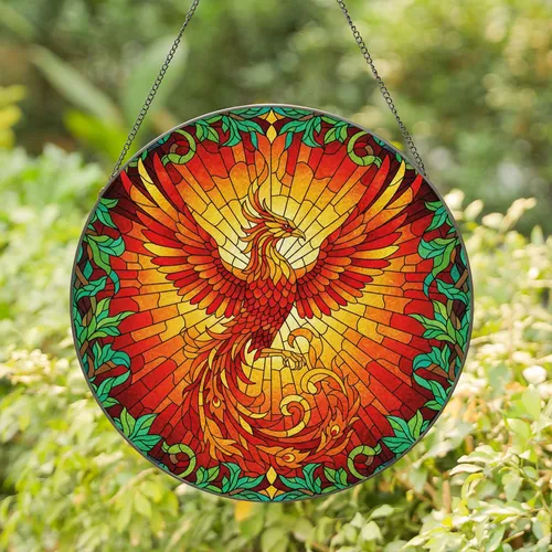 Winged Phoenix Rising Flames Botanical Vines Fiery Mosaic - Home Decor Gift for Mythology Lover Stained Glass Suncatcher