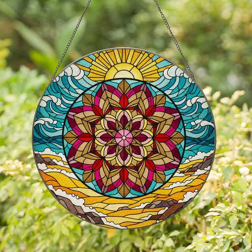Floral Mandala Golden Sun Ocean Beach - Home Decor Gift for Ocean Lover Stained Glass Suncatcher