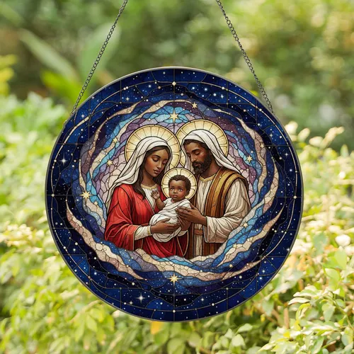 African American Holy Family Cosmic Starry Night - Christmas Gift for Believers Stained Glass Suncatcher
