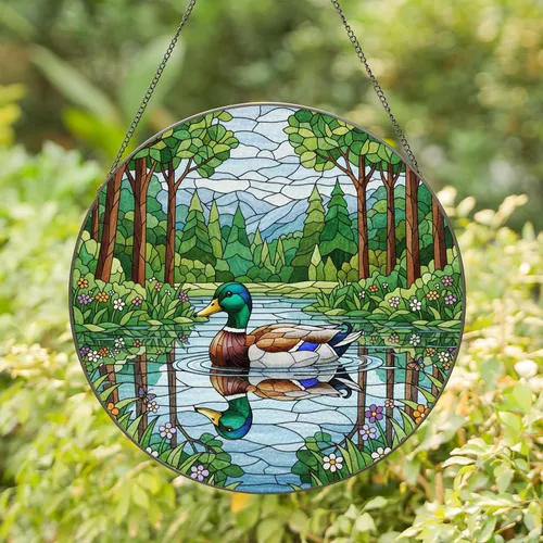 Mallard Duck Pond Wildflowers Butterflies - Wildlife Lover Home Decor Gift Stained Glass Suncatcher