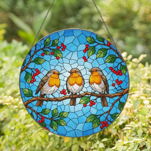 Three Plump Robins Red Berries Gnarled Branch Clear Sky - Bird Watcher Home Decor Gift Stained Glass Suncatcher
