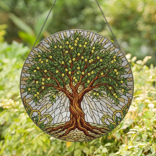 Olive Tree Twisted Trunk Olives Foliage Mosaic Golden Border Home Decor Gift for Garden Lover Stained Glass Suncatcher