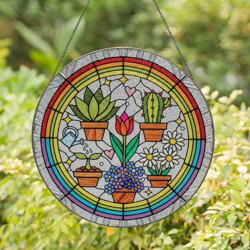 Potted Plant Succulent Cactus Flowers Rainbow Stars Hearts - Garden Lover Home Decor Gift Stained Glass Suncatcher