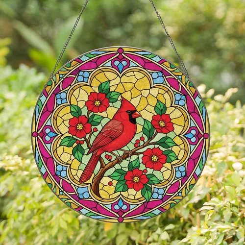 Red Cardinal Stained Glass Mosaic - Window Decor Gift for Bird Lovers Stained Glass Suncatcher