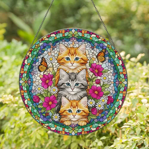 Stacked Tabby Kittens Pink Flowers Butterflies - Home Decor Gift for Cat Lover Stained Glass Suncatcher