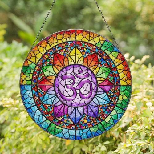 Om Symbol Eight Petals Full Bleed Square Home Decor Gift for Yoga Lover Stained Glass Suncatcher