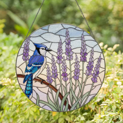 Blue Jay Bird Lavender Flowers Green Foliage Sky Wildlife Lover Gift for Bird Watchers Stained Glass Suncatcher