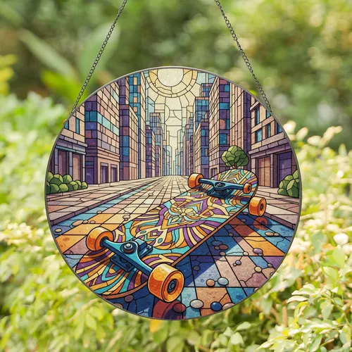 Skateboard Tribal Urban City Streetscape Architectural Building Home Decor Gift Stained Glass Suncatcher