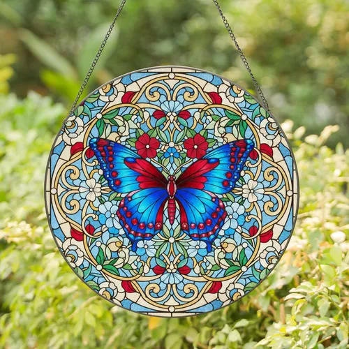 Blue Red Butterfly Floral Scrollwork Mosaic - Home Decor Gift for Butterfly Lovers Stained Glass Suncatcher