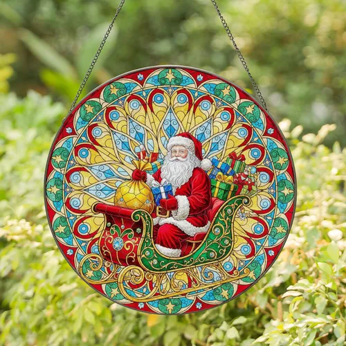 Santa Claus Rich Sleigh Gem Accents Presents - Christmas Holiday Home Decor Gift Stained Glass Suncatcher
