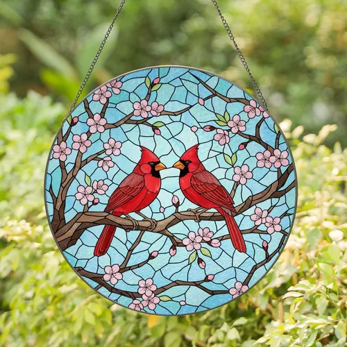 Red Cardinals Cherry Blossoms Stained Glass - Home Decor Gift for Bird Lovers Stained Glass Suncatcher