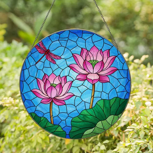 Delicate Pink Lotus Dragonfly Blue Sky Water Stained Glass Mosaic - Home Decor Gift Stained Glass Suncatcher