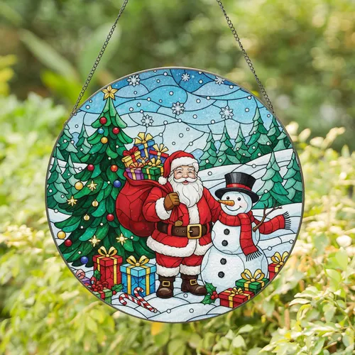 Santa Claus Snowman Christmas Tree Winter Wonderland - Christmas Holiday Decor Stained Glass Suncatcher