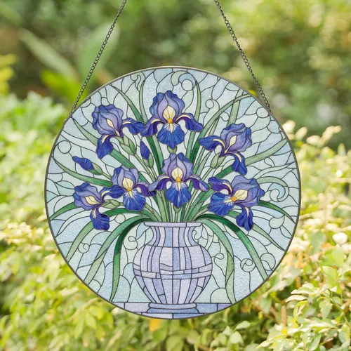 Lush Vibrant Irises Floral Bouquet Rounded Vase - Home Decor Gift for Garden Lover Stained Glass Suncatcher