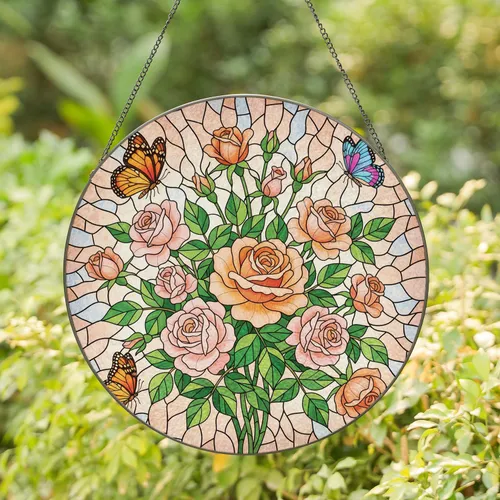Peachy Orange Pink Rose Bouquet Monarch Butterflies - Home Decor Gift for Garden Lover Stained Glass Suncatcher