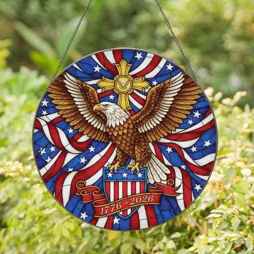 Bald Eagle Patriotic Shield 1776-2026 - Independence Day Gift for Veterans Stained Glass Suncatcher