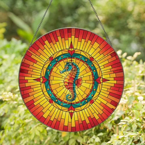 Vibrant Seahorse Ornate Compass Stained Glass Sunburst - Ocean Lover Home Decor Gift Stained Glass Suncatcher