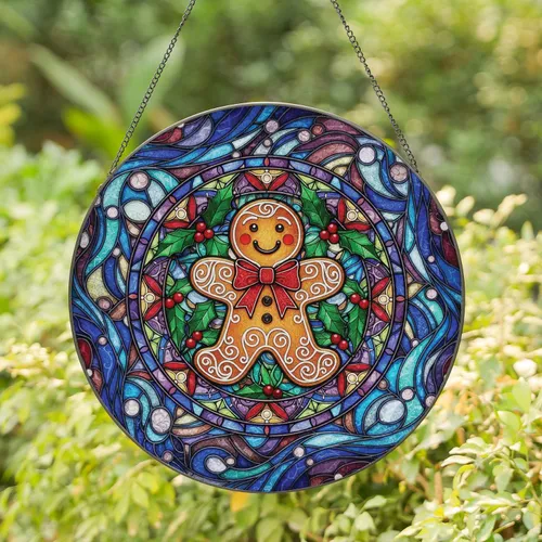 Gingerbread Man Icing Swirls Holly Berry Geometric Floral Circular - Christmas Gift Stained Glass Suncatcher