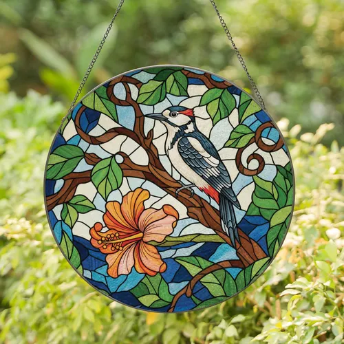 Woodpecker Perched Sturdy Branch Tropical Flower Leaves - Home Decor Gift for Bird Lovers Stained Glass Suncatcher