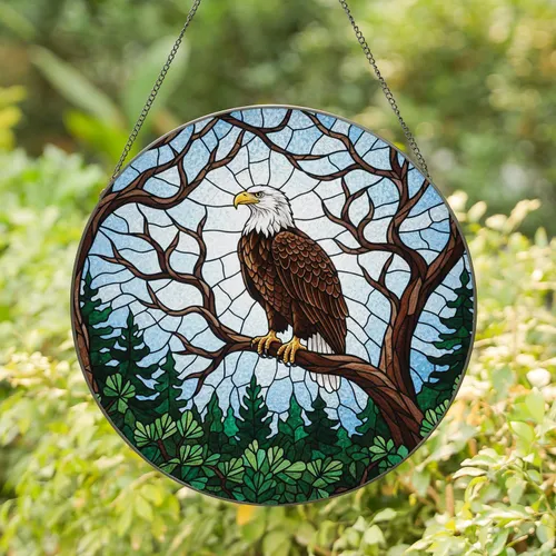 Bald Eagle Tree Branch Pine Forest - Wildlife Lover Gift for Bird Watcher Stained Glass Suncatcher