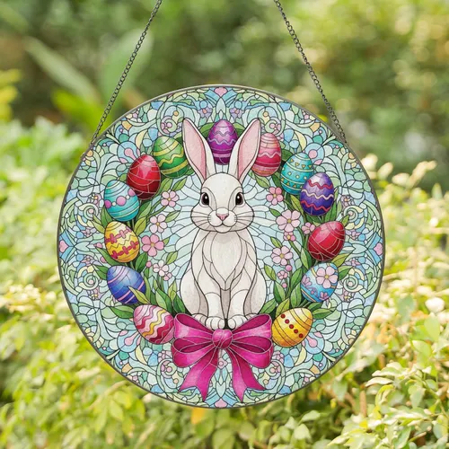 Easter Bunny Easter Eggs Spring Wreath - Easter Gift for Bunny Lover Stained Glass Suncatcher