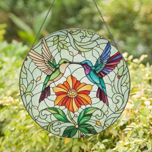 Two Hummingbirds Orange Flower - Home Decor Gift for Wildlife Lovers Stained Glass Suncatcher