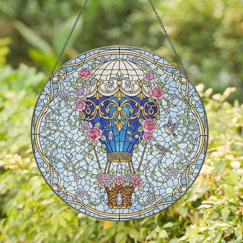 Ornate Golden Filigree Hot Air Balloon Roses Birds Crystal - Home Decor Gift Stained Glass Suncatcher