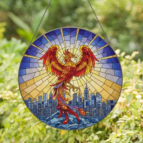Majestic Phoenix Cityscape Sun Rays - Stained Glass Home Decor Gift Stained Glass Suncatcher