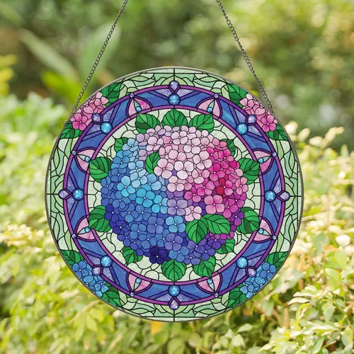 Hydrangea Blossom Cluster Ornate Geometric Border Glass Jewels - Home Decor Gift Stained Glass Suncatcher