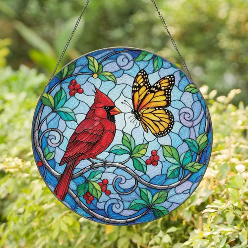 Red Cardinal Monarch Butterfly Branch Berries Swirling Sky - Home Decor Gift Stained Glass Suncatcher