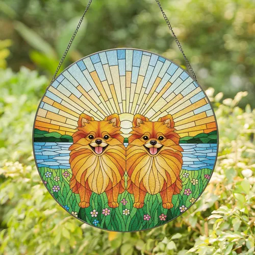Pomeranian Dogs Wildflower Meadow - Home Decor Gift for Dog Lover Stained Glass Suncatcher