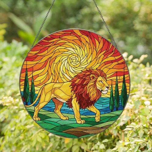 Male Lion Striding Sunset Landscape - Wildlife Lover Home Decor Gift Stained Glass Suncatcher