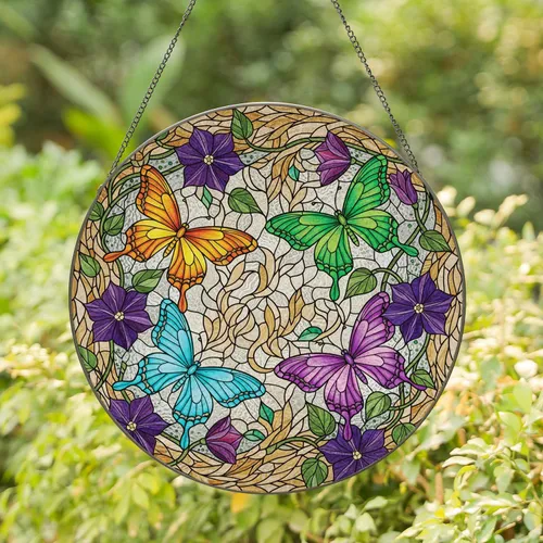Butterflies Clematis Flowers Foliage Mosaic - Nature Lover Home Decor Gift Stained Glass Suncatcher