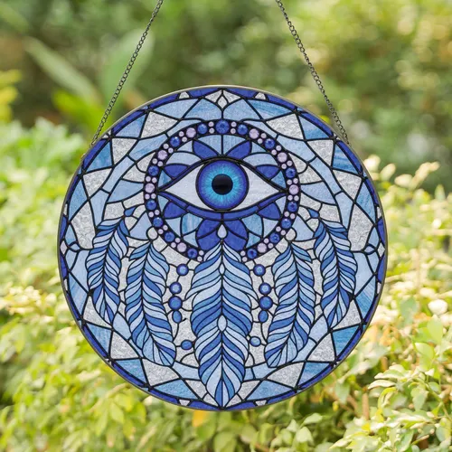 Blue Evil Eye Feather Circular Mosaic Stained Glass - Housewarming Home Decor Gift Stained Glass Suncatcher