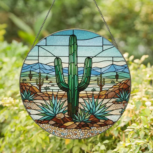 Towering Saguaro Cactus Desert Landscape Succulent - Home Decor Gift for Desert Lover Stained Glass Suncatcher