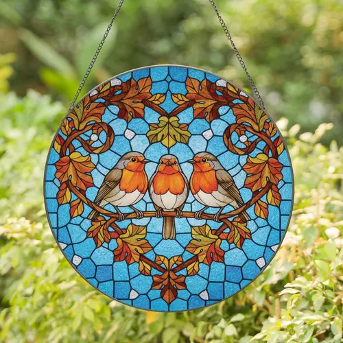 European Robins Branch Heart Shaped Autumn Leaves Mosaic - Wildlife Lover Home Decor Gift Stained Glass Suncatcher